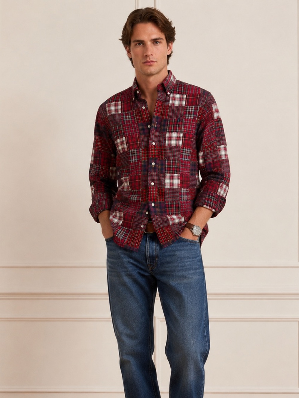 Polo Ralph Lauren Patchwork Plaid Tartan Button Down Shirt Mens Size M